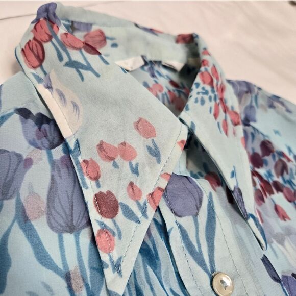 VINTAGE 70s sheer floral disco pointed collar button up top blouse deadstock S - Picture 4 of 10